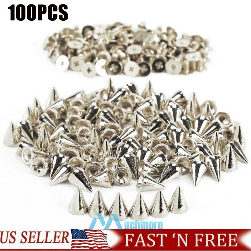 100pc 10MM Silver Spots Cone Screw Metal Studs Leathercraft Rivet Bullet Spikes