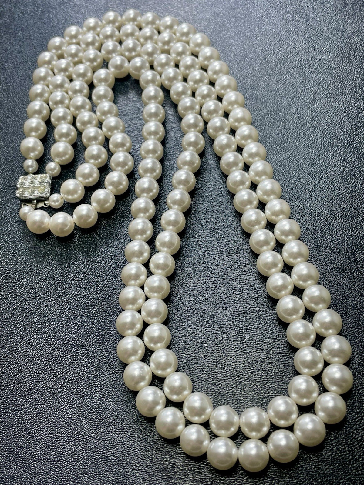 Vintage Signed JAPAN 24” Glass Pearl Layered Crystal Rhinestone Clasp Necklace