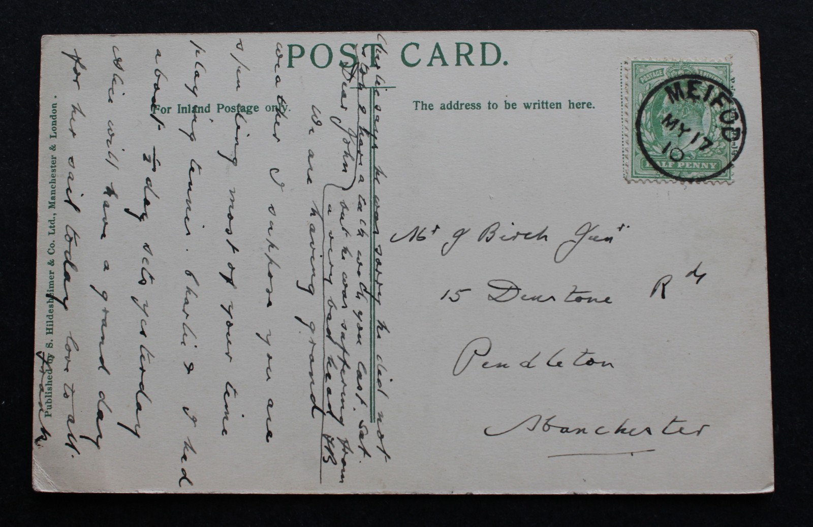 Meifod, Powys, Wales 1910 postmark on a Townley Hall, Burnley postcard to Birch,