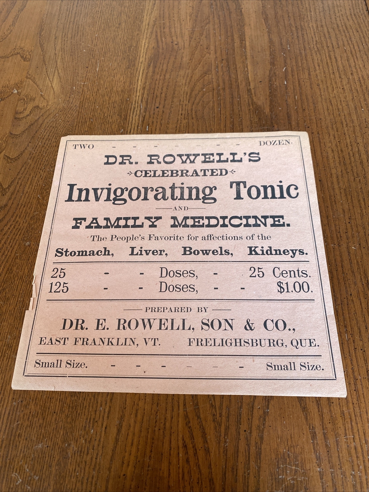 Quack Medicine Advertising Dr Rowells Invigorating Tonic Rowell East Franklin VT