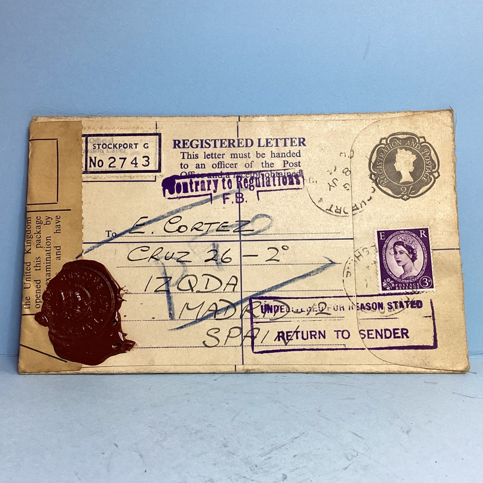 Registered Letter Envelope With Wax Seal With Queen Elizabeth Stamp 1964