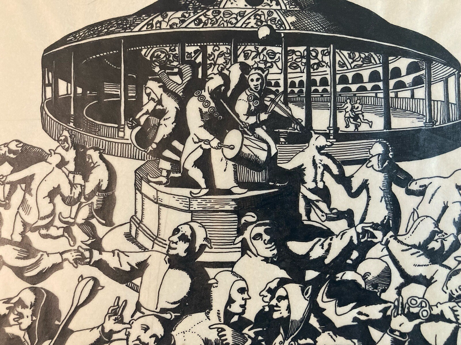 Beau Dessin Encre Papier Calque Cirque Chapiteau Carnaval Musique 1950 Ancien