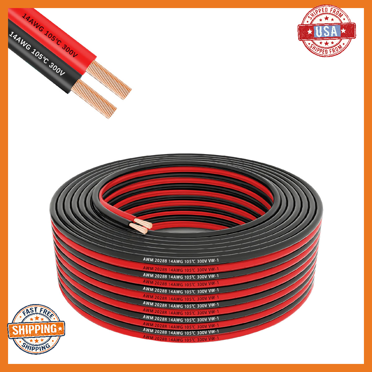 14AWG 2-Conductor Flexible Parallel Wire 100ft Red/Black Low Voltag