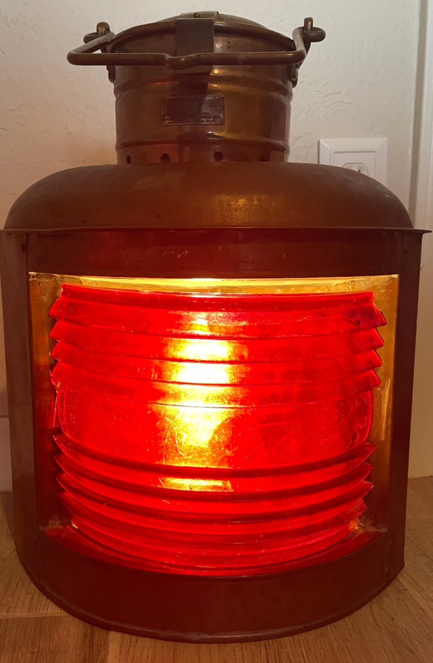 Vtg 20" PERKO Perkins Marine Brass Port Red Fresnel Glass Lamp Lantern Lighting