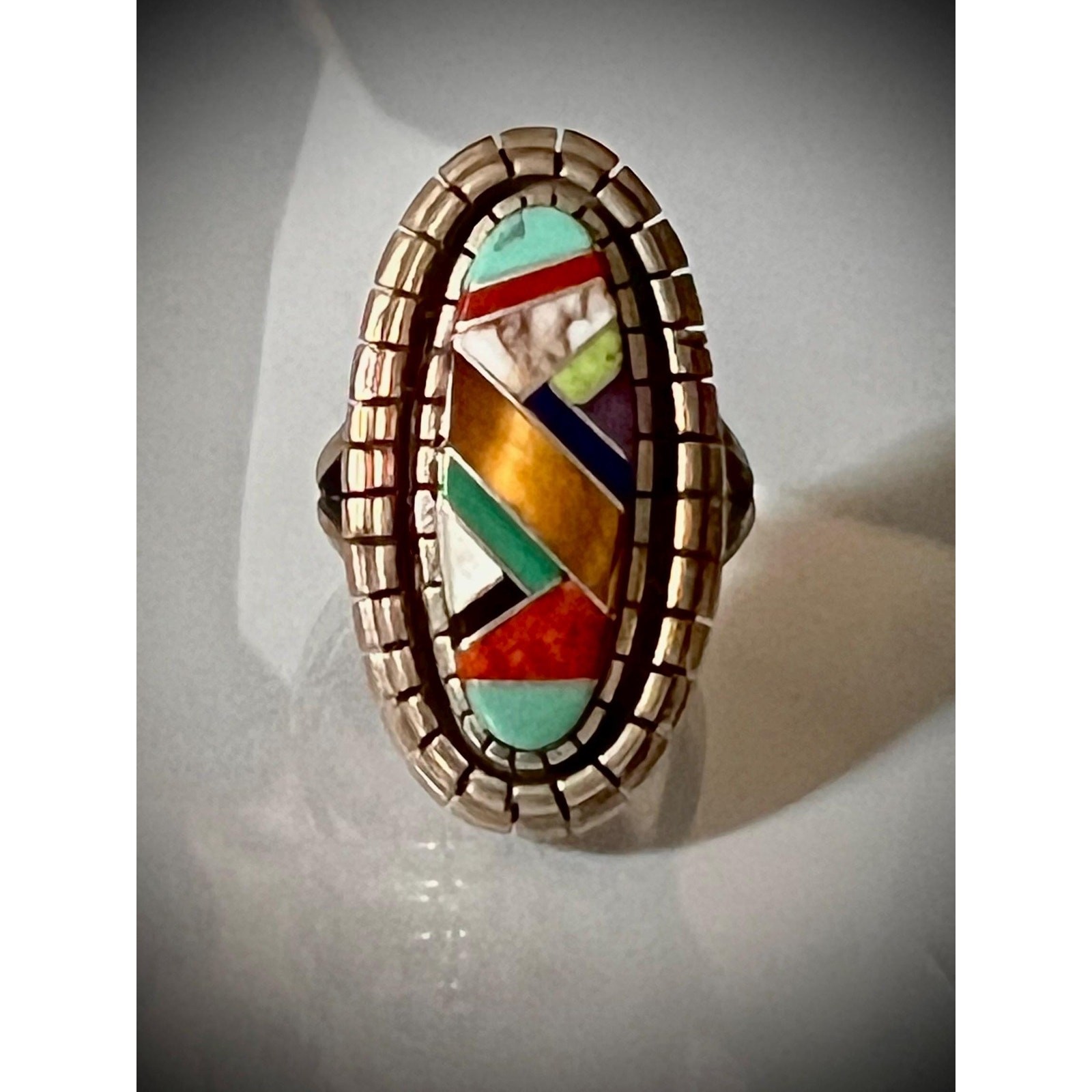 Vintage Ray Jack Navajo Sterling Silver Multi-Stone Inlay Ring  Size 9 