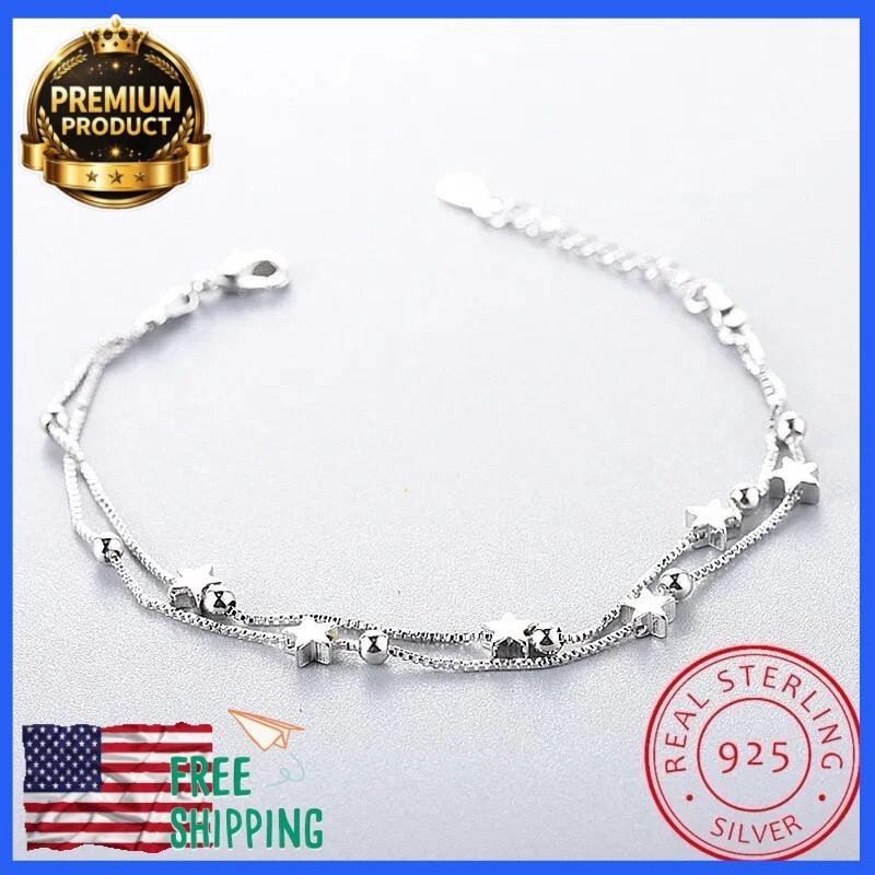 New Women‘s 925 Sterling Silver Stars Foot Ankle Bracelet Double Chain Anklet HI