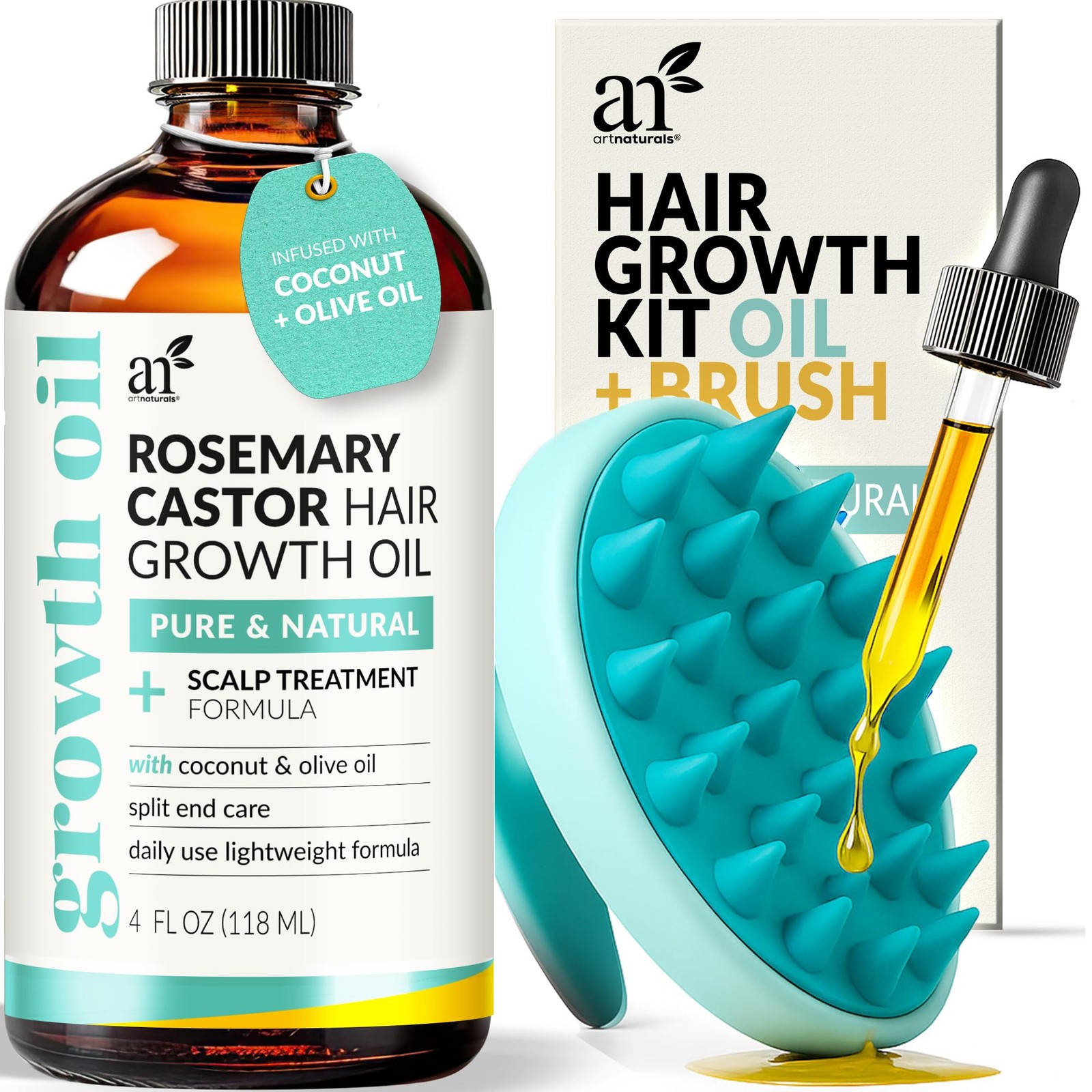 Artnaturals Organic Rosemary Castor Hair Oil + Massager 4 Fl Oz (Pack of 1) 