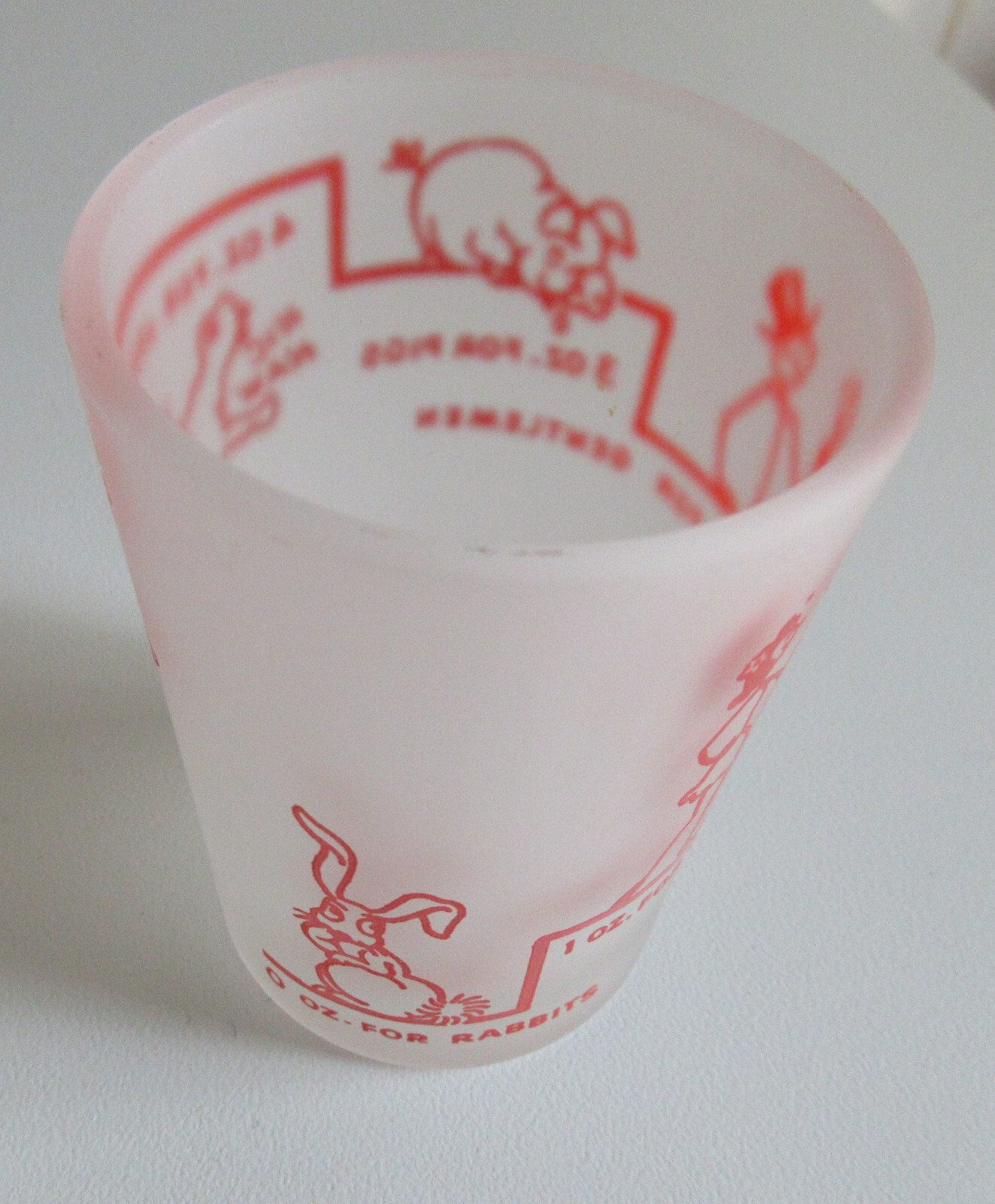 Vtg Say When Shot Glass Cartoon Rabbit Pig MCM Hazel Atlas Hot Pink SATIN GLASS