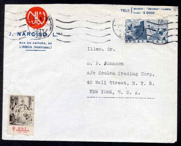 PORTUGAL 1946 TB LABEL TO USA