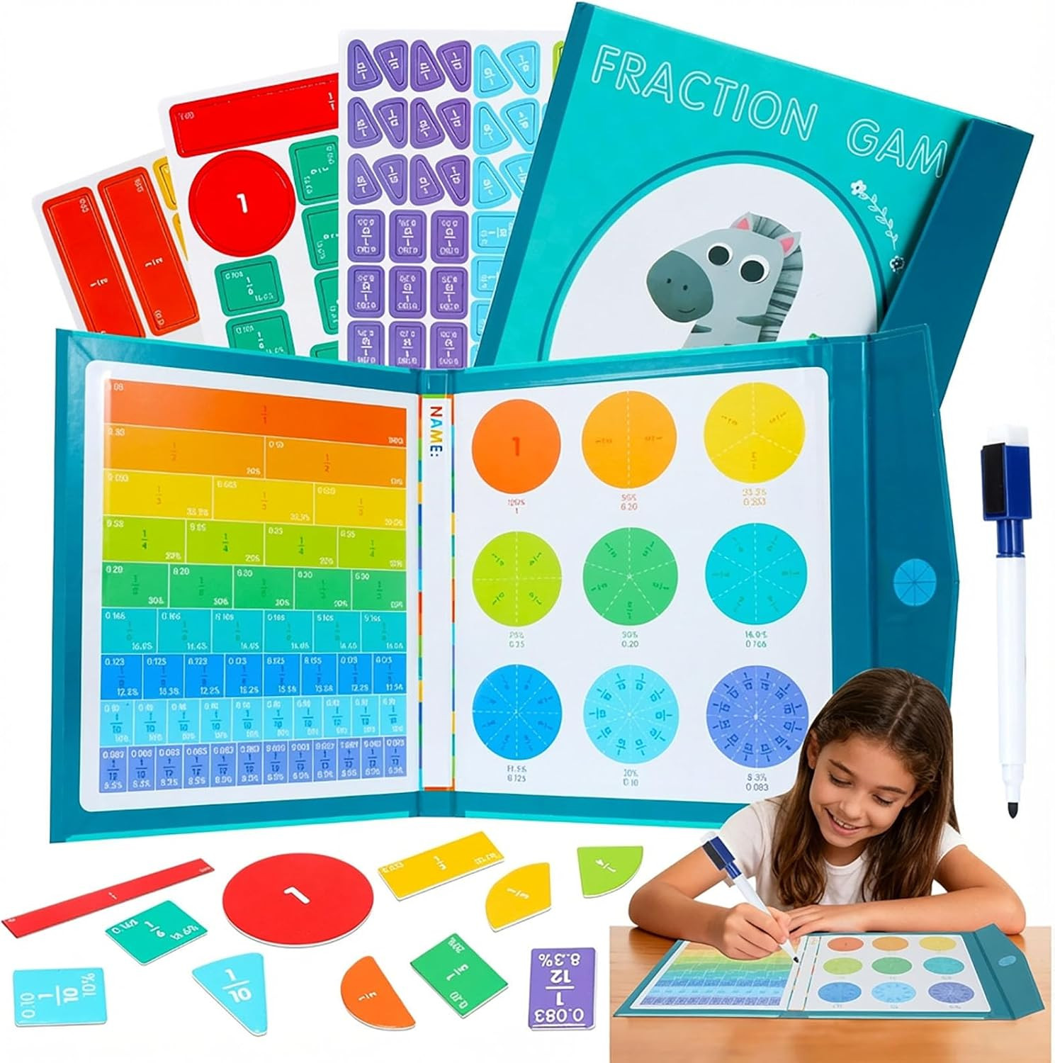 Magnetic Fraction Demonstration Book, 102 Pcs Magnetic Fraction Tiles & Circles 