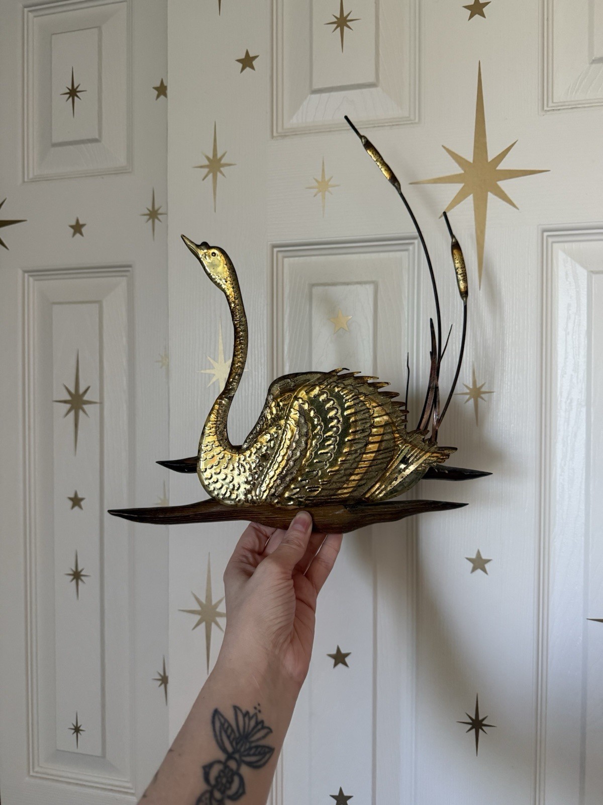 Vintage Midcentury Brass Copper on Wood Swan and Cattails Wall Decoration