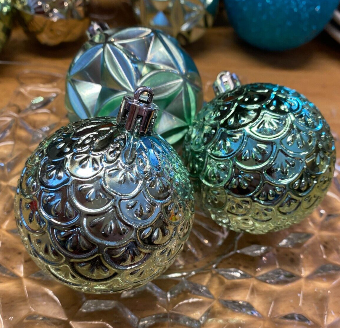 3  Shiny Aqua Sage Textured Ball Shatterproof Christmas Ornaments 2"