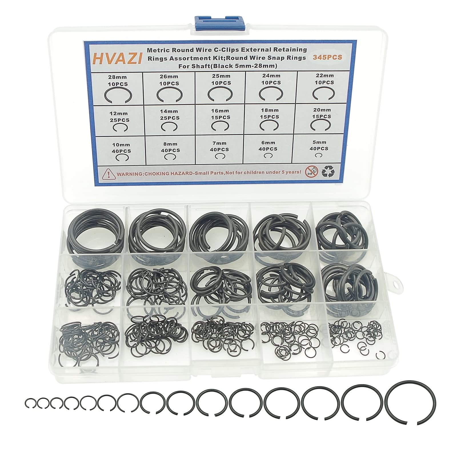 Metric 15-Sizes Round Wire C-Clips External Retaining Rings Assortment Kit;Ro...