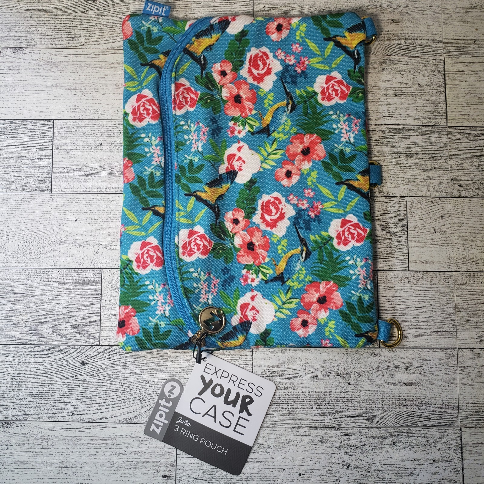 Zipit 3 Ring Pouch Case Pens Pencils School Supplies Hummingbird Flowers Blue