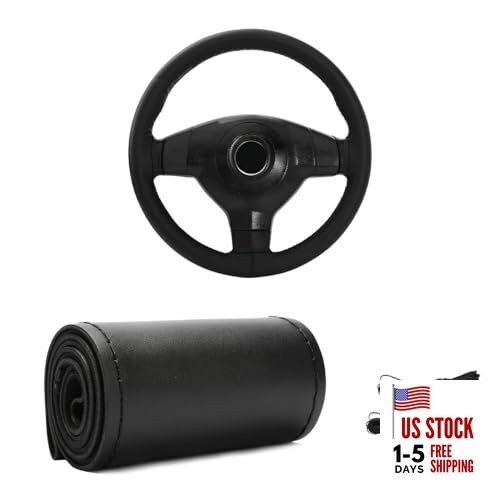 Genuine Leather Steering Wheel Cover, Stitch On Wrap for Steering Glossy Black
