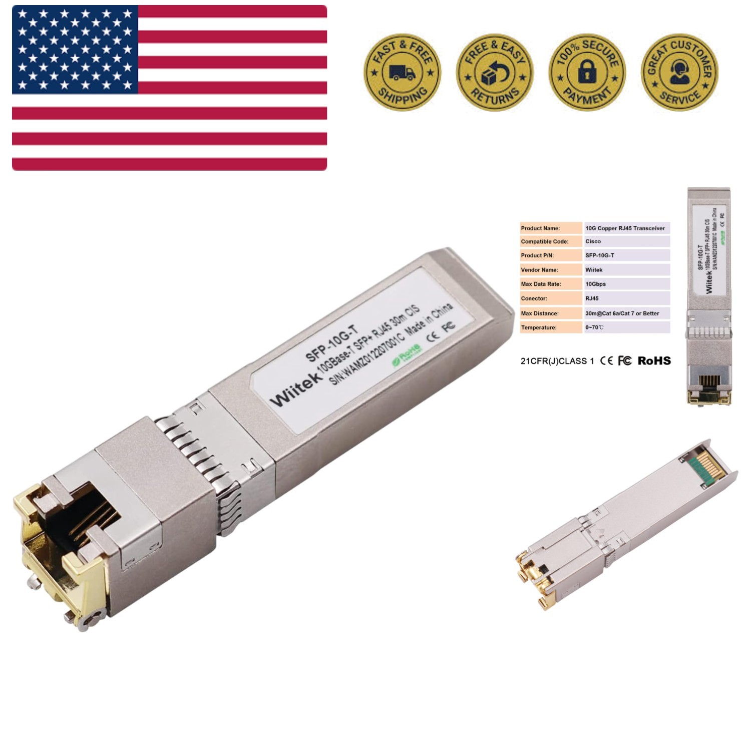10Gb SFP+ to RJ45 Modules, 1.25G/2.5G/5G/10GBase-T Ethernet to SFP+ Transceiv...