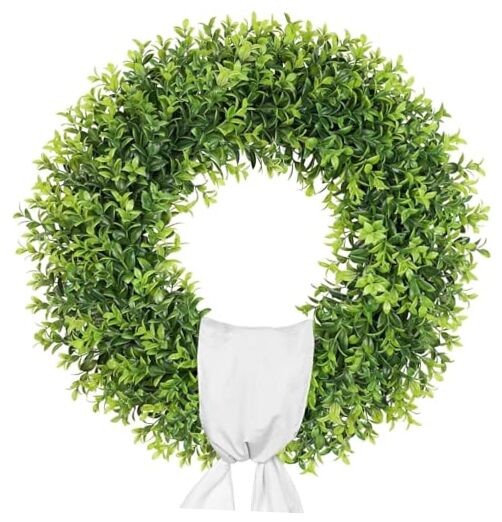 24 Inch Large Boxwood Wreath Spring Summer with Sash Artificial Green 24 inch
