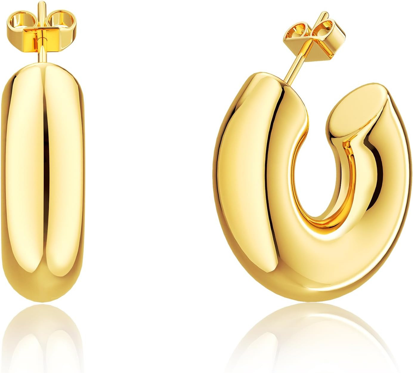 Trendy Chunky Hoop Earrings for Women - Dainty 14K Gold Plated Thinck Open Hoops