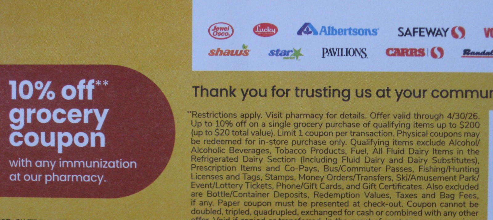 exp 4/2026  coupon 10% off up to $200 worth of groceries Safeway Albertsons Vons