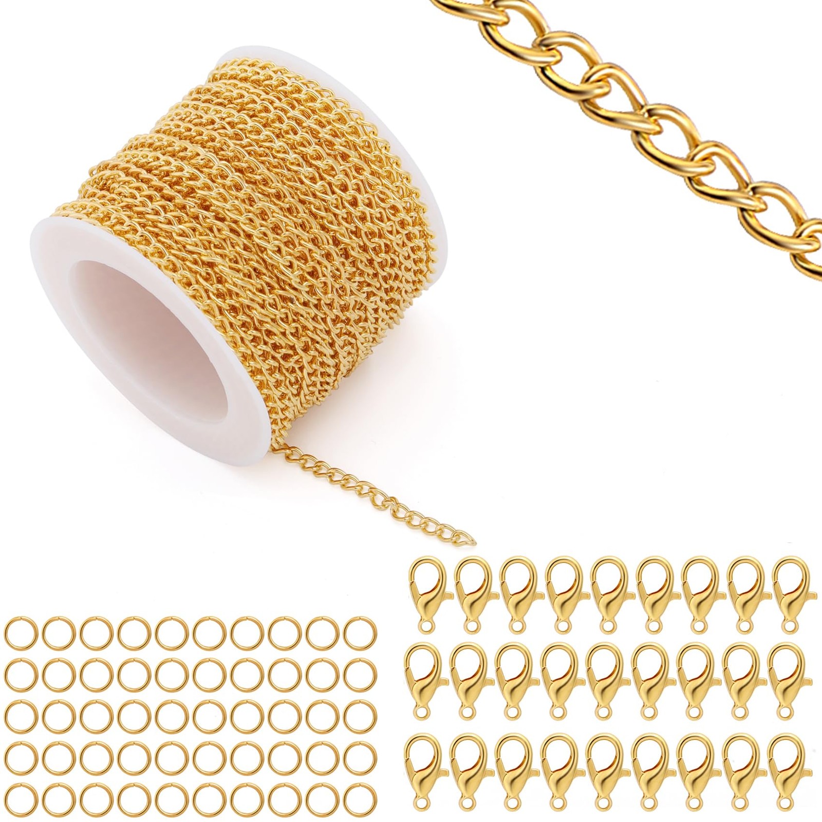 Lemonkey 33 Feet Metal Gold Necklace Chains Curb Links Bulk 2mm, 