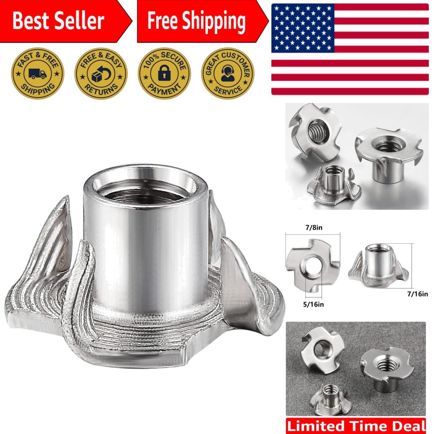 50pcs 5/16"-18 T-nut 304 Stainless Steel Four-jaw - for Home, Hotel Outdoor T...