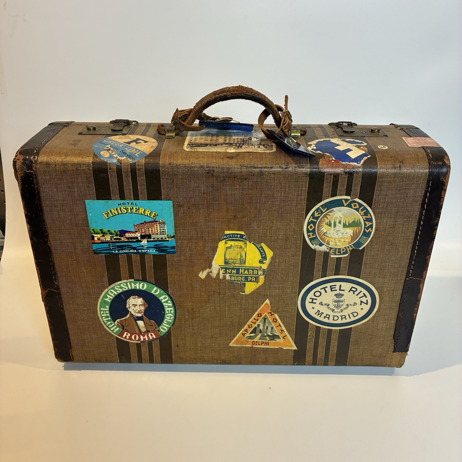 Vintage Antique Suitcase With Travel Sticker Decal Hotel Europe Decorative VTG