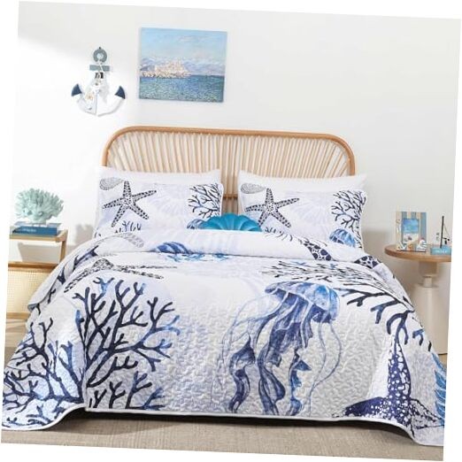  Coastal Quilt Set Queen Size Nautical Beach Quilt Coverlet Queen(90"x96") Blue