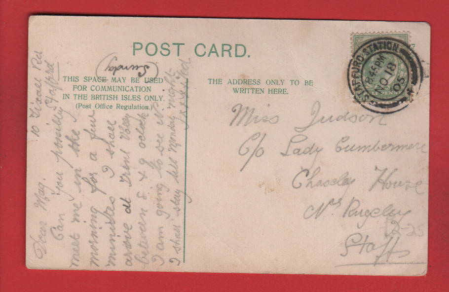 Stafford Station Railway postmark , Moreton Hall postcard 1905, Staffordshire