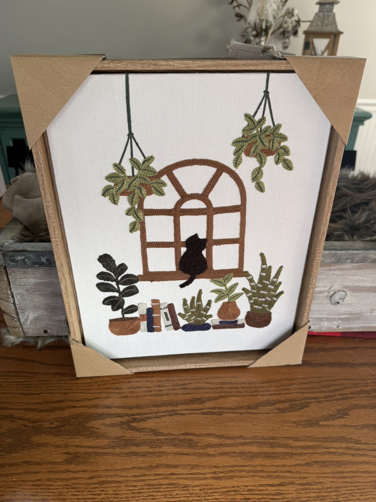 New BP Home Woven Embroidered Textile Wall Art Black Cat In The Window  12”x15”