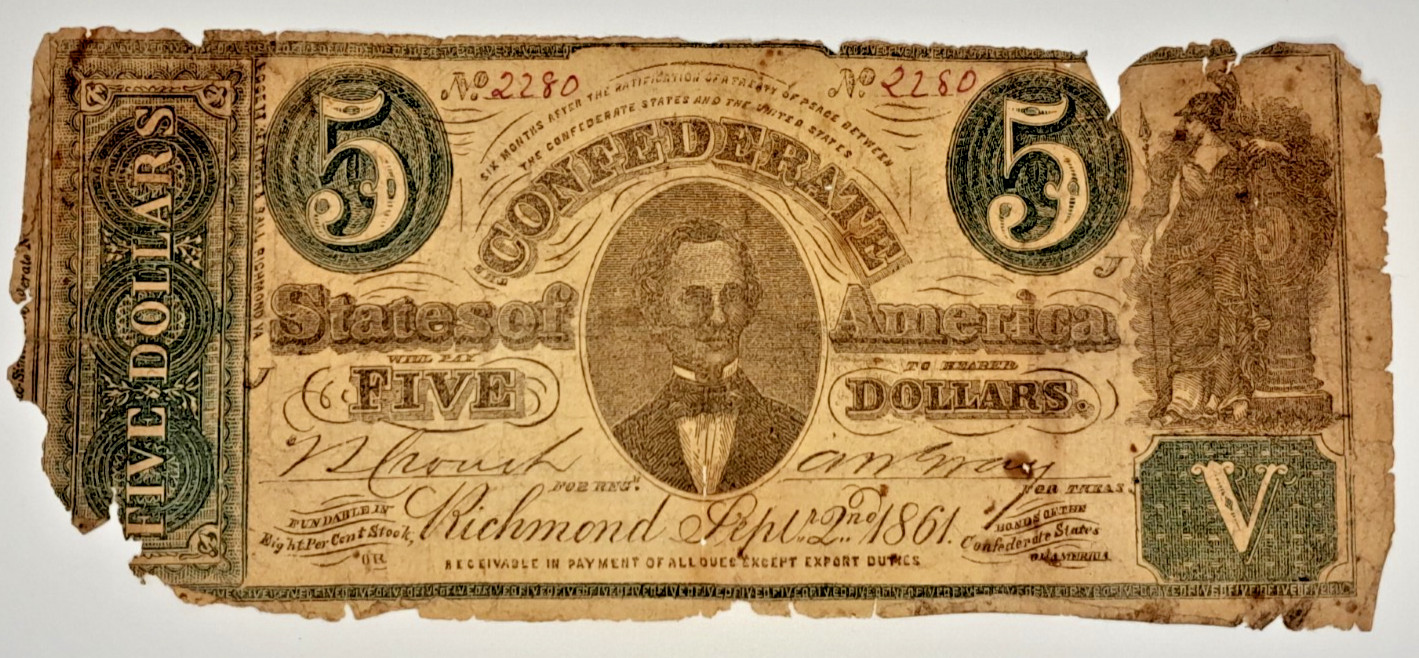 Counterfeit Sept. 2nd 1861 Confederate States of America CSA $5 Note #2280