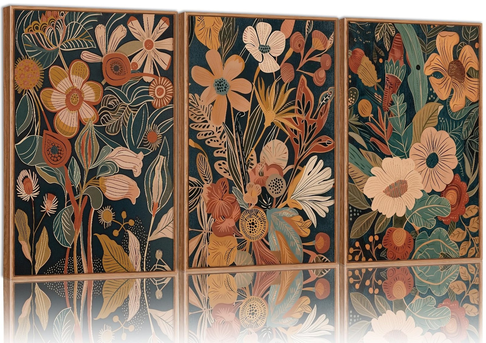 Tinonedraw Vintage Burnt Orange Floral Framed Canvas Wall Art Set of 3, Boho ...