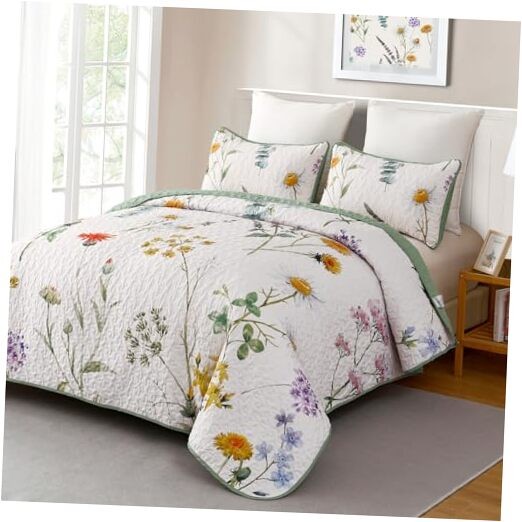  Floral Quilt Set Size, Green Yellow Botanical Flower King Green and Yellow