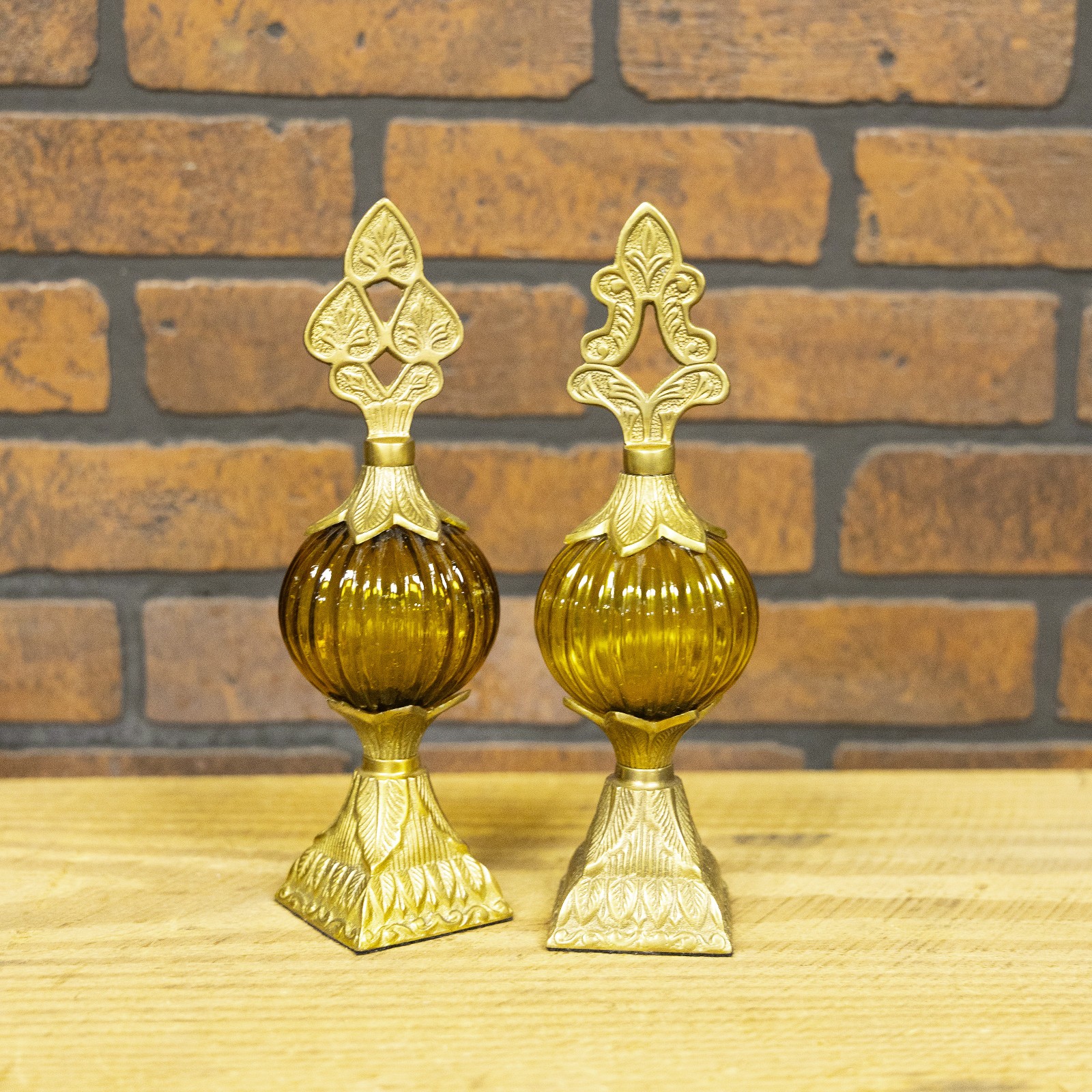 Vintage Brass and Amber Glass Art Decor