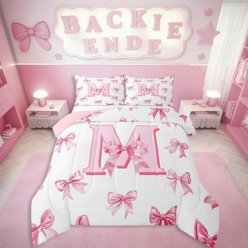  Pink Bowknot Bedding Set for Girls,Initial Letter M Comforter Set Queen Pink M