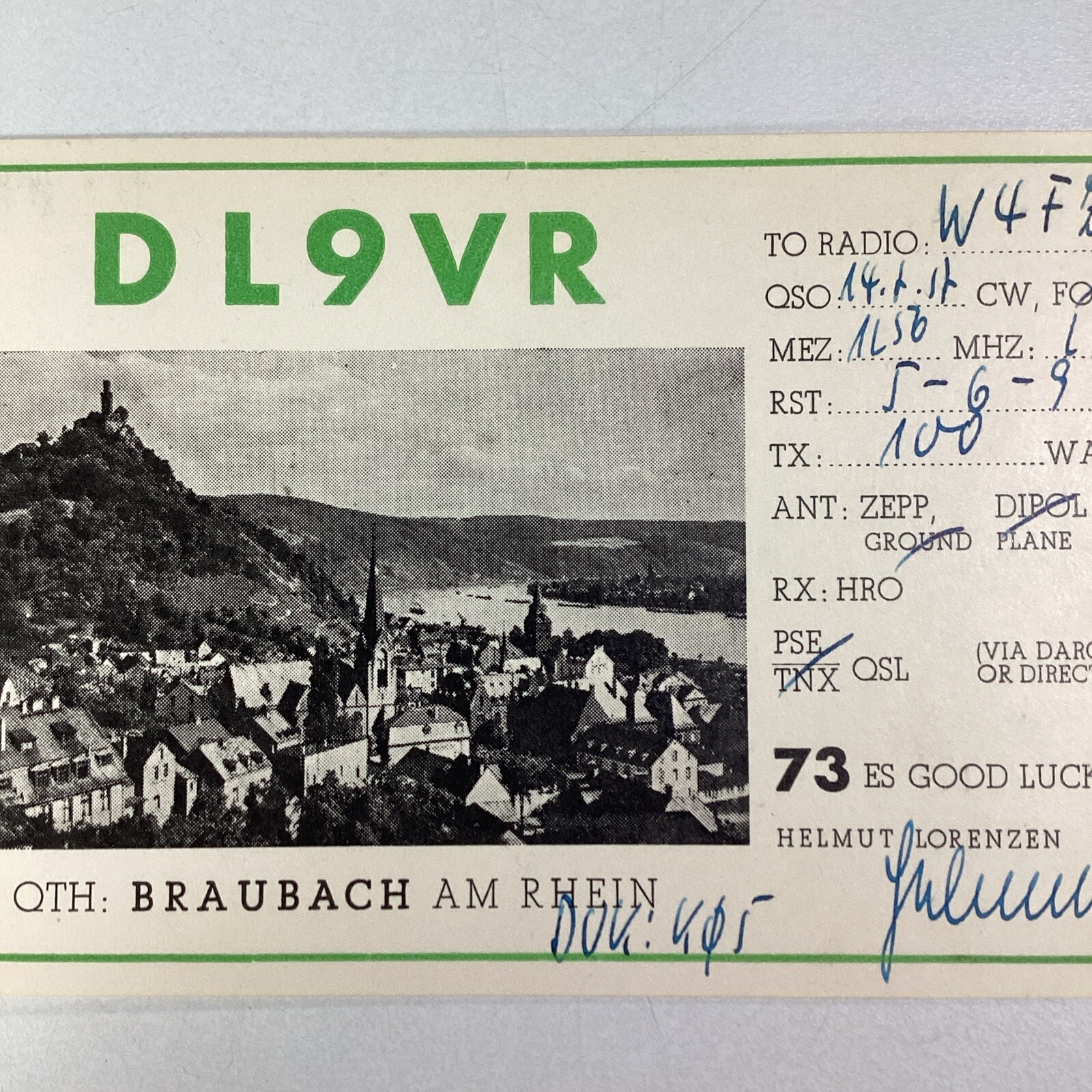 Germany QSL Radio Card 1957 Braubach Rhein Helmut Lorenzen