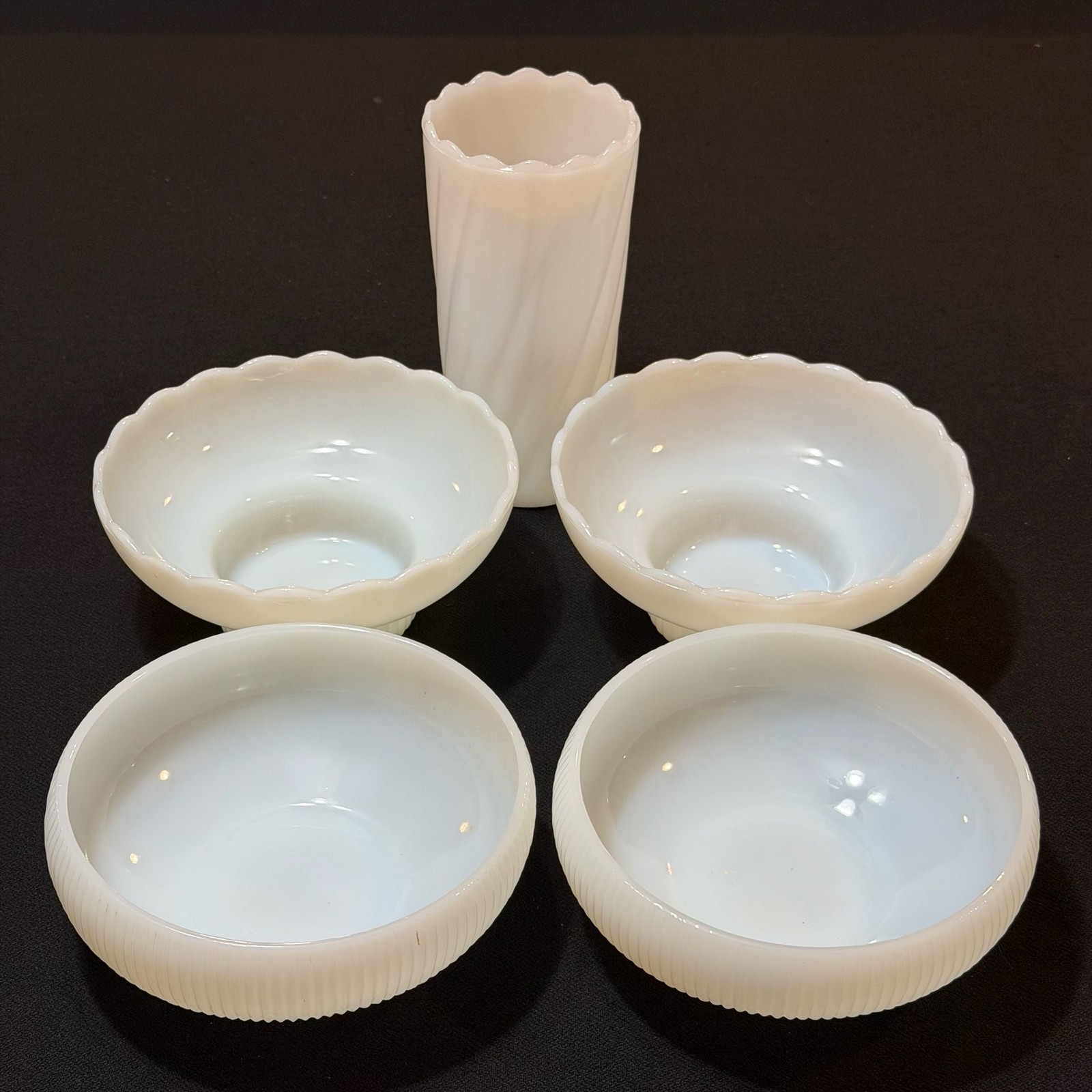 E.O. Brody Co. Milk Glass 5-Piece Set: M2000 + Ribbed Bowls + Swirl Vase