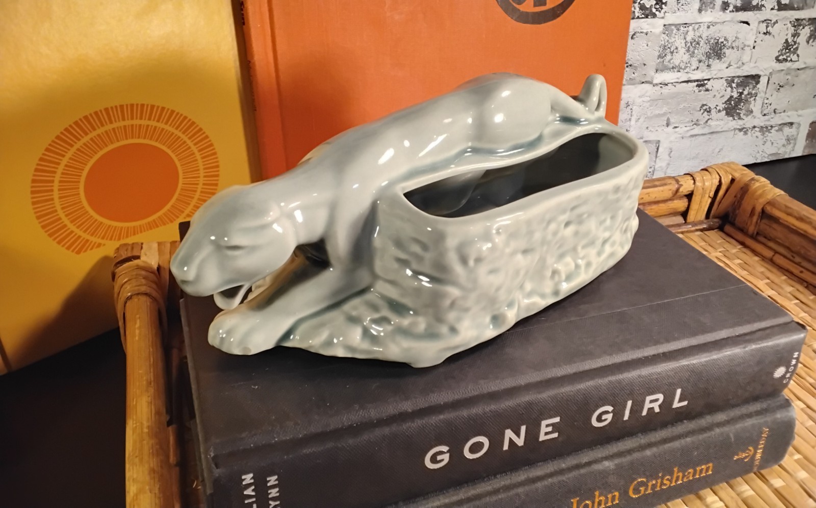 Vintage 8” Light Jade Green Panther Ceramic Planter Mid century Pottery