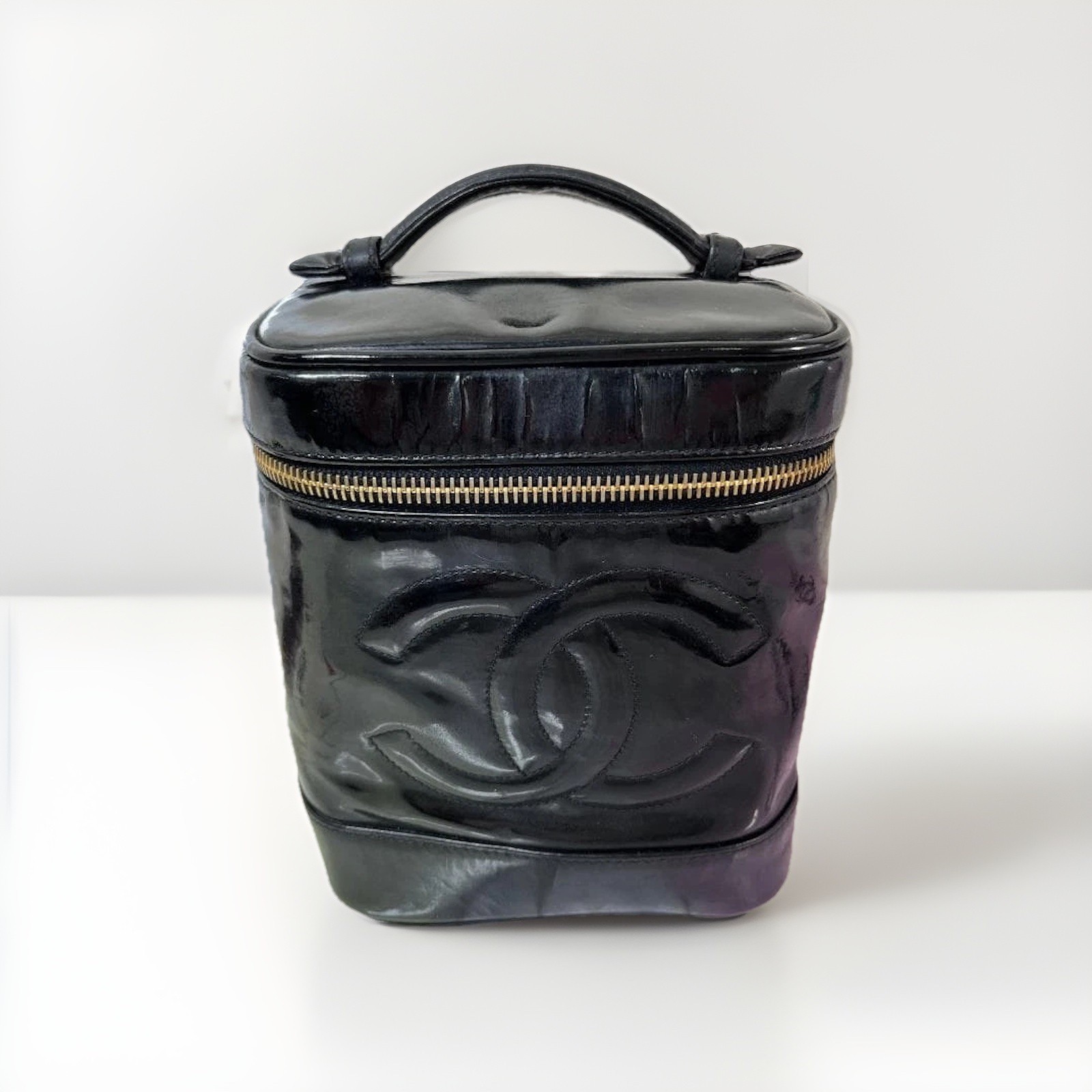 CHANEL Vanity Bag Black Patent Enamel Leather w/ Top Handle Vintage Auth