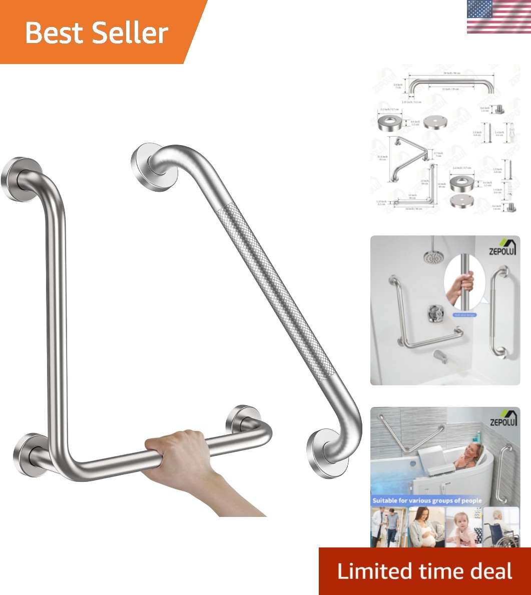 Brushed Nickel Angled Grab Bar 16 Inch, Stainless Steel L-Shaped Safety Grab ...