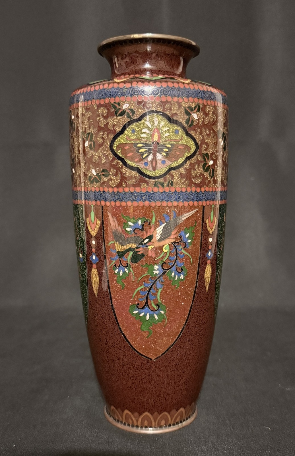 Antique Japanese Ando Cloisonné Vase Meiji Era Aventurine Dragon & Phoenix 9.5”