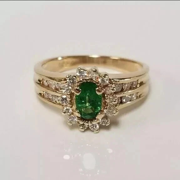 2.50 Ct Oval Cut Lab Created Emerald Engagement Halo Ring 14K Yellow Gold Plated