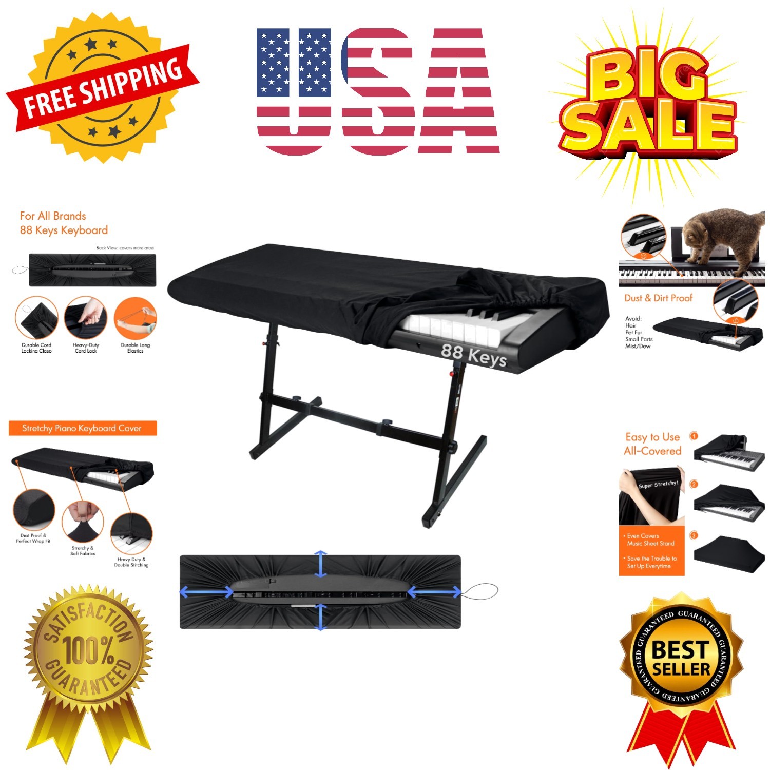 88 Keys Piano Keyboard Dust Cover, Music Dirt Proof Stretchy Electronic Keybo...