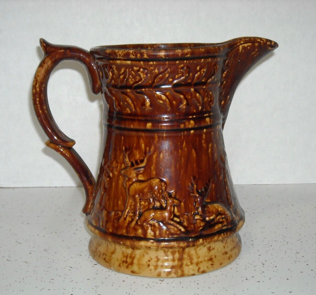 XLG 10 1/4" Rockingham Glazed Yellow Ware Water Pitcher Stags Deer Stoneware