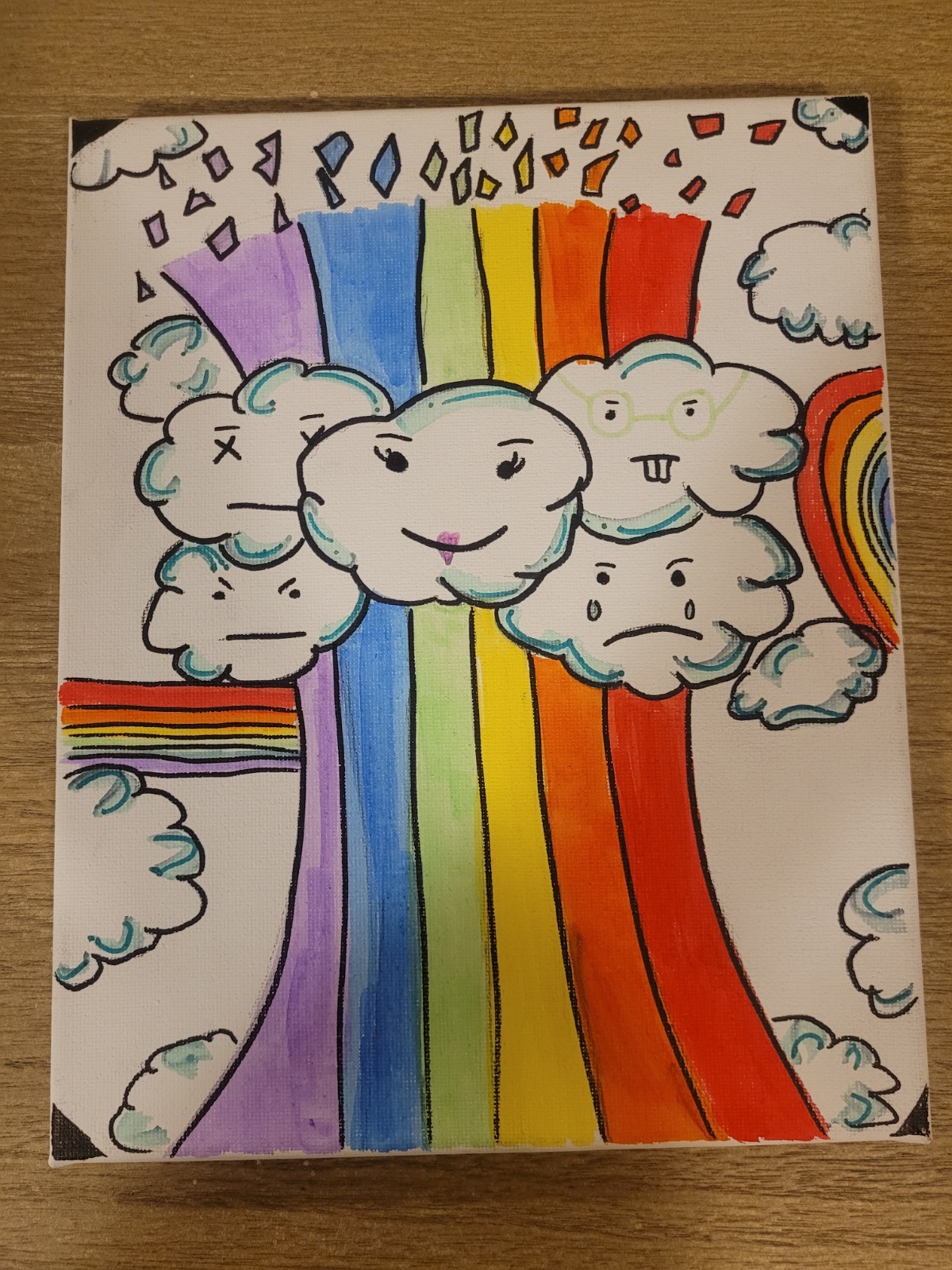 Original Hand-Drawn Clouds and Rainbow Illustration Art Ink on Canvas.  