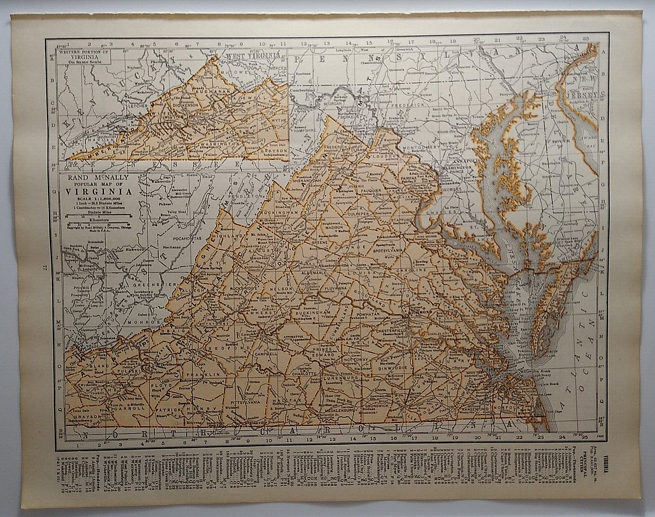 1937 Antique VIRGINIA Authentic Old Atlas Map - Rand McNally World Atlas