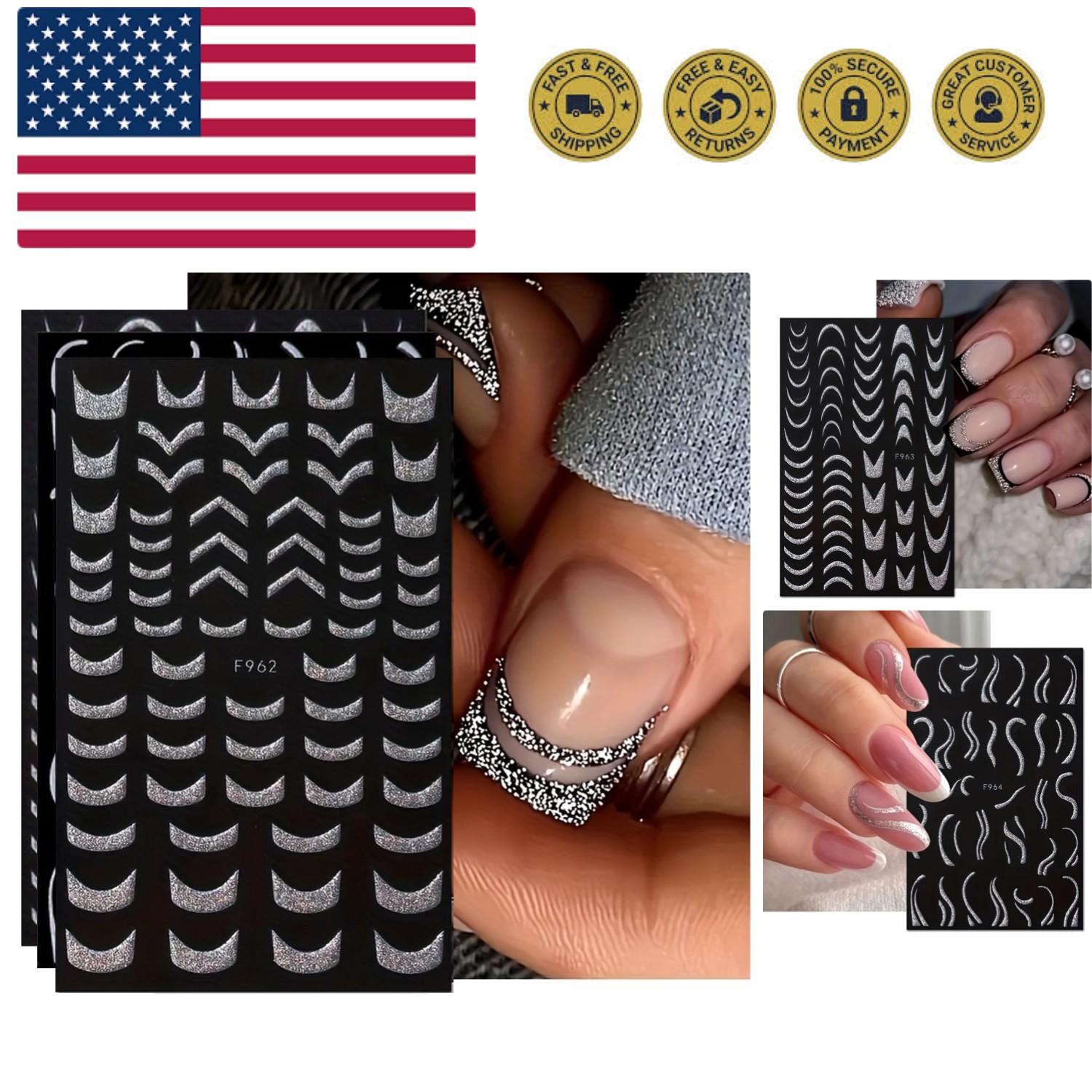6 Sheets 3D Self-Adhesive French Tip Nail Art Stickers Decals Silver Glitter ...