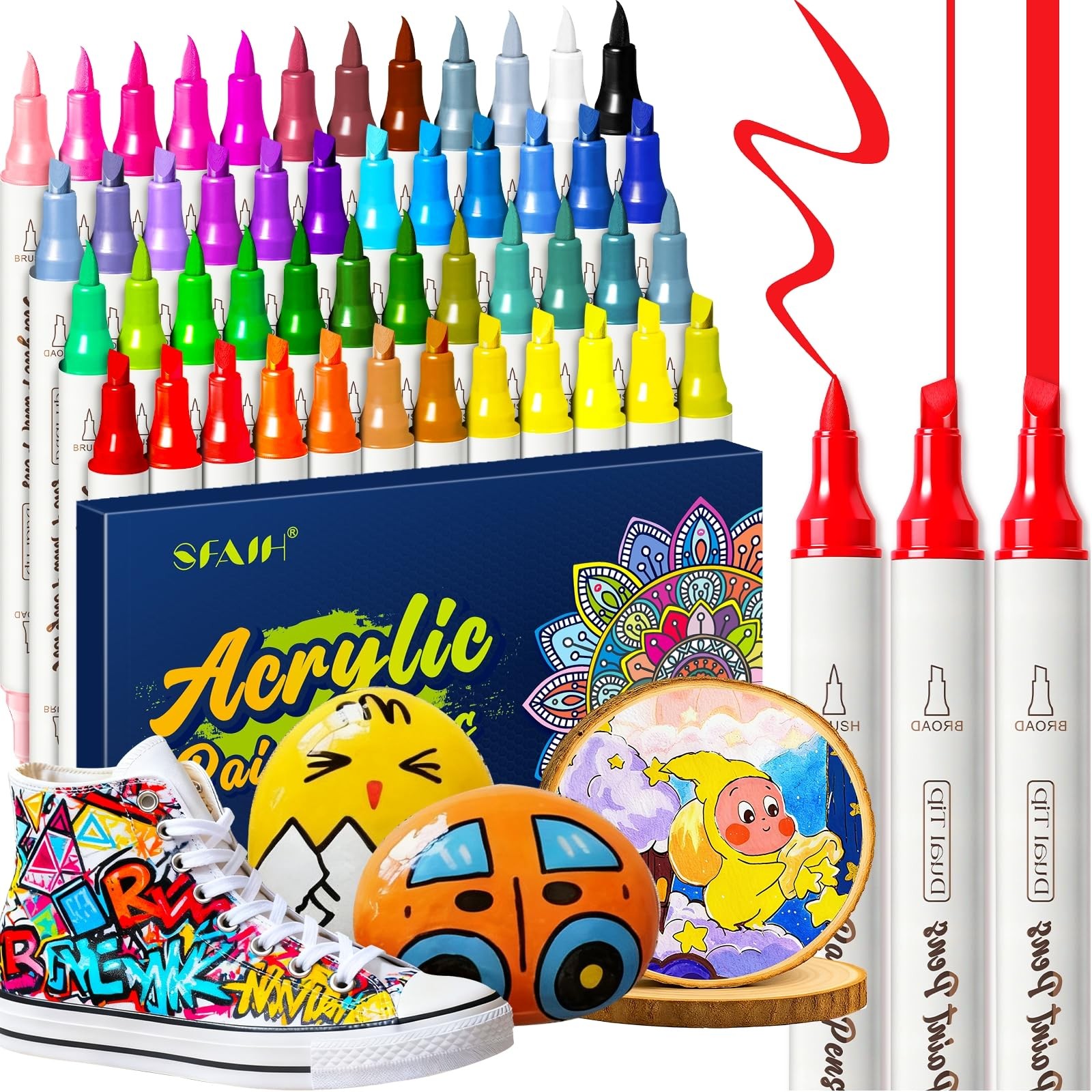 SFAIH Acrylic Paint Markers - [48 Colors Dual size Brush & Chisel, 48 color 