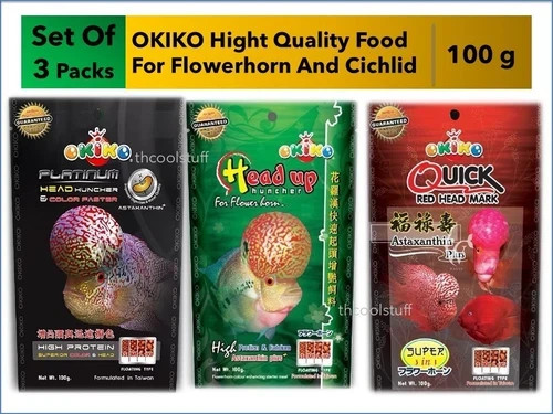 Set Of 3 OKIKO Cichlid Flowerhorn Fish Food 100g Head Up, Hunch, Platinum