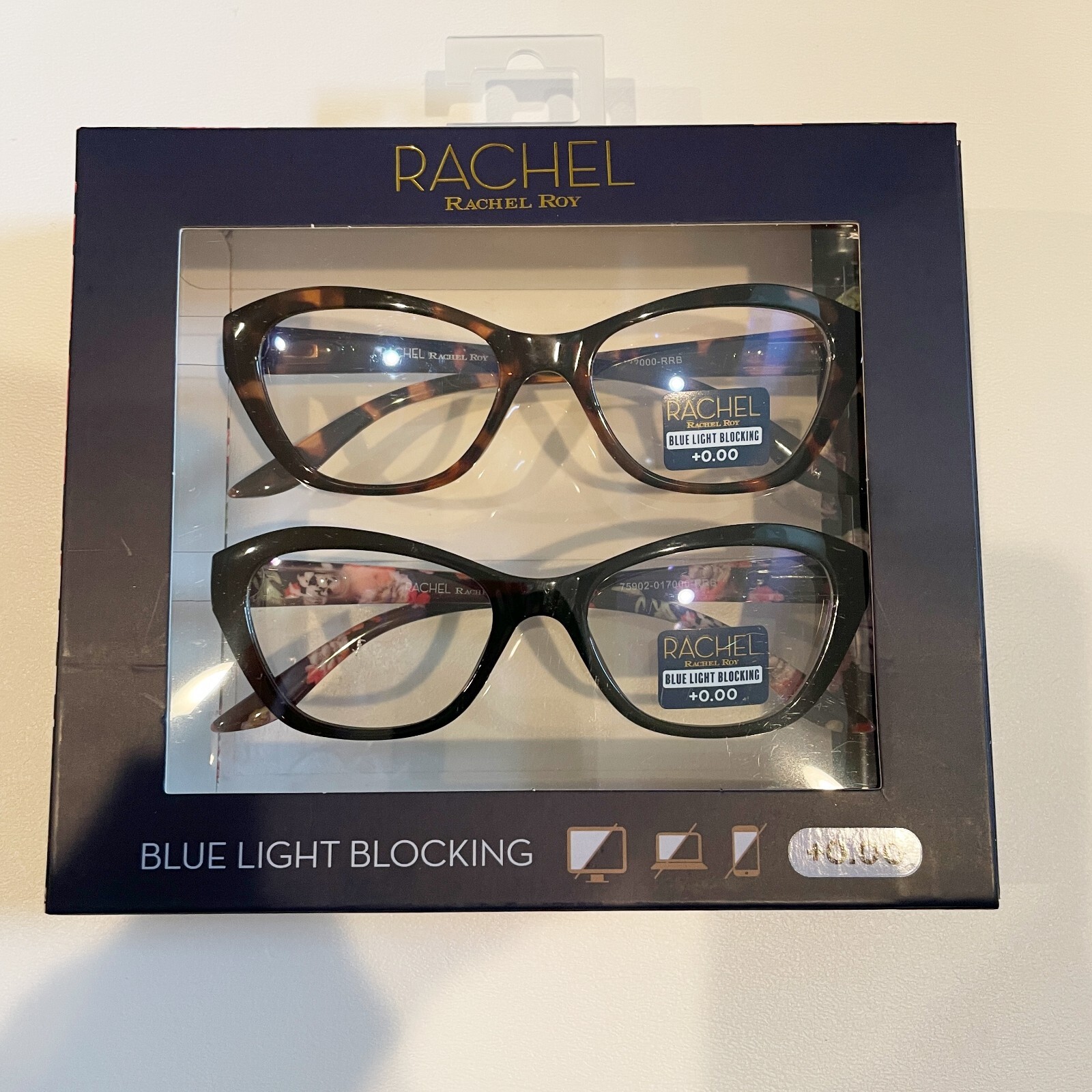 Rachel Roy +0.00 Blue Light Reading Glasses Black Floral Tortoise 2 Pair