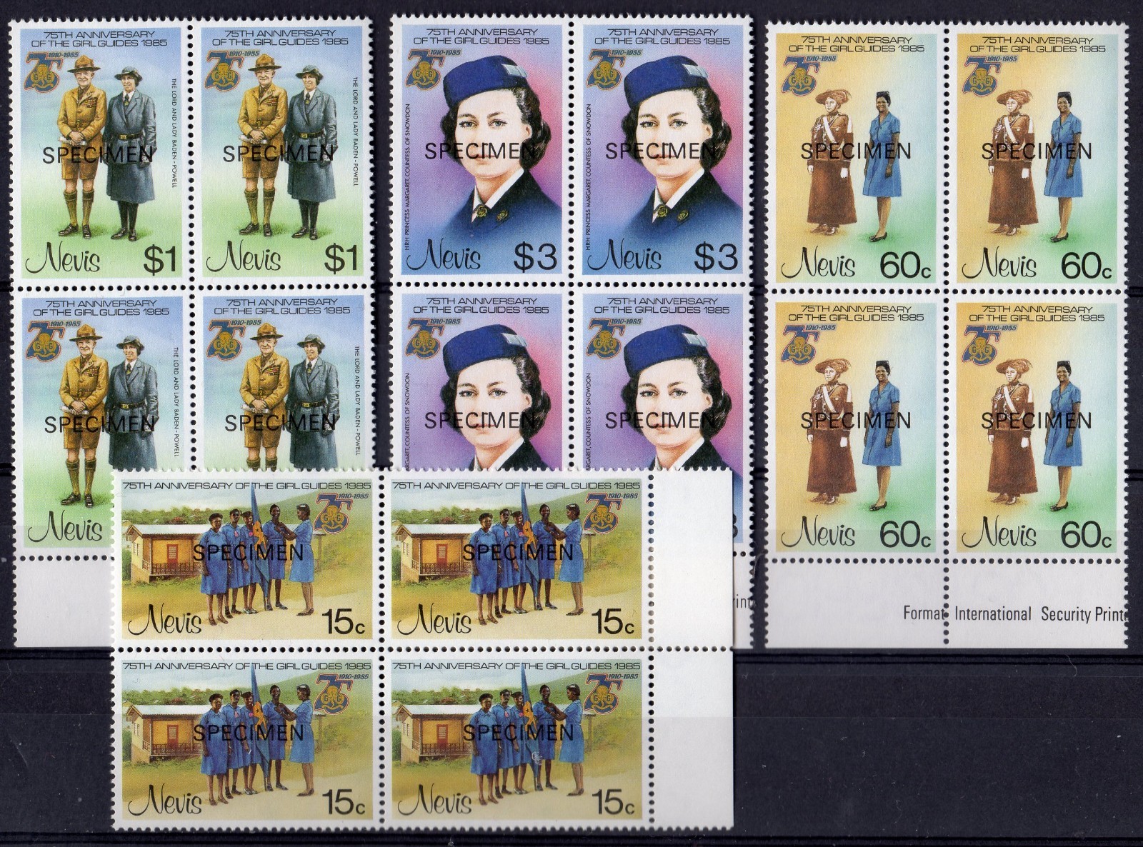 Nevis 1985 Sc#423/426 GIRL GUIDES ANNIV.LORD BADEN-POWELL Block 4 "SPECIMEN" MNH